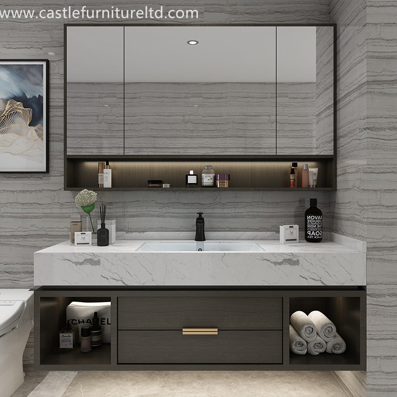 Комбинация от дъбов шкаф за баня Nordic прост шкаф от масивно дърво интелигентно огледало за баня мие гаргара етап мраморен мивка